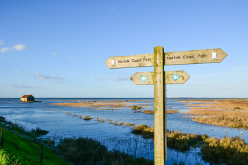Norfolk Coast Path Sign and High Tide, England, UK