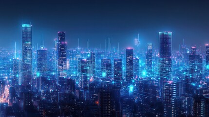 Obraz premium Futuristic city skyline at night, network connections, urban development, technology