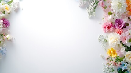 Colorful assortment of flowers arranged in a decorative pattern on a clean white background, vibrant floral composition, and elegant and fresh design.