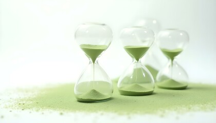 hourglasses with green sand on white background