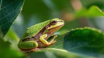 Naklejka premium Tree frog resting on a vibrant leaf, bathed in soft sunlight - nature's delicate balance in a hidden world