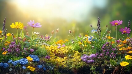 Spring blossoms filled with vibrant flowers in a serene meadow with abundant greenery and perfect copy space for text