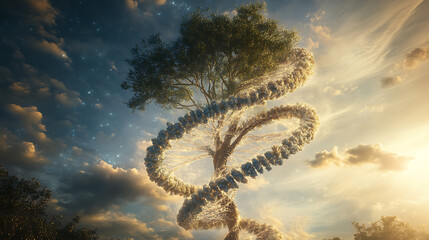 Innovative epigenetic inheritance pathways weaving molecular history into future generations showing swirling DNA tree of life against an ethereal sky