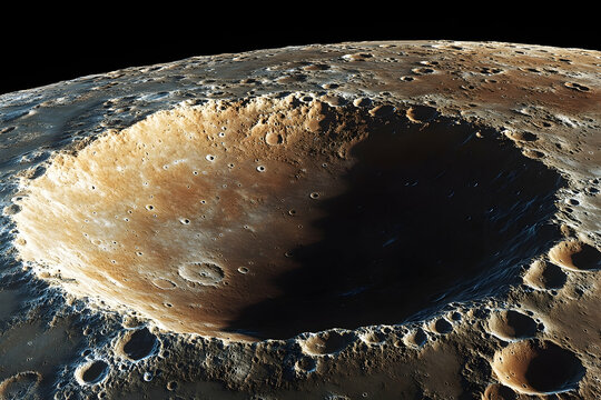 A detailed view of a large lunar impact crater.