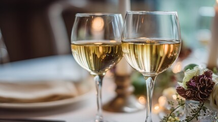 Two wine glasses with white wine on an elegant table; a moment of refined relaxation and simple luxury.