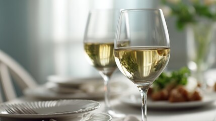 Two wine glasses with white wine on an elegant table; a moment of refined relaxation and simple luxury.
