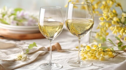 Two wine glasses with white wine on an elegant table; a moment of refined relaxation and simple luxury.