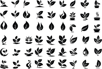 Tea Leaf Silhouette Vector Set | Herbal Nature Icons Minimal Tea Leaf Outline Set | Organic Botanical Silhouettes