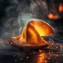 Fortune Cookie Cracked Open with Glowing Bitcoin Inside &ndash; Steam Rising, Moody Restaurant Lighting, Ultra-Detailed Food Photography