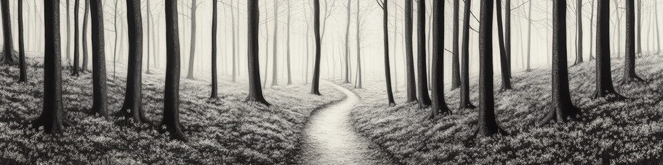 Fototapeta premium Black And White Woods. Monochrome Forest Path in Timberland Landscape