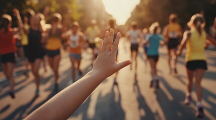Fototapeta premium Marathon running race,runners support on road race, child's hand giving highfive, kid supporting athletes who run, sport concept