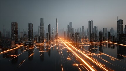 Digital technology plan for company growth. Luminous lines in a cityscape background symbolize the movement of data. Generative Ai