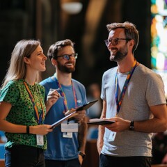 Staff members collaborate and engage during a team meeting at a contemporary church in a vibrant setting