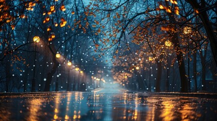 A wonderful photo of a spring night street in the Ukrainian city of Kyiv, wet asphalt and blooming chestnuts 