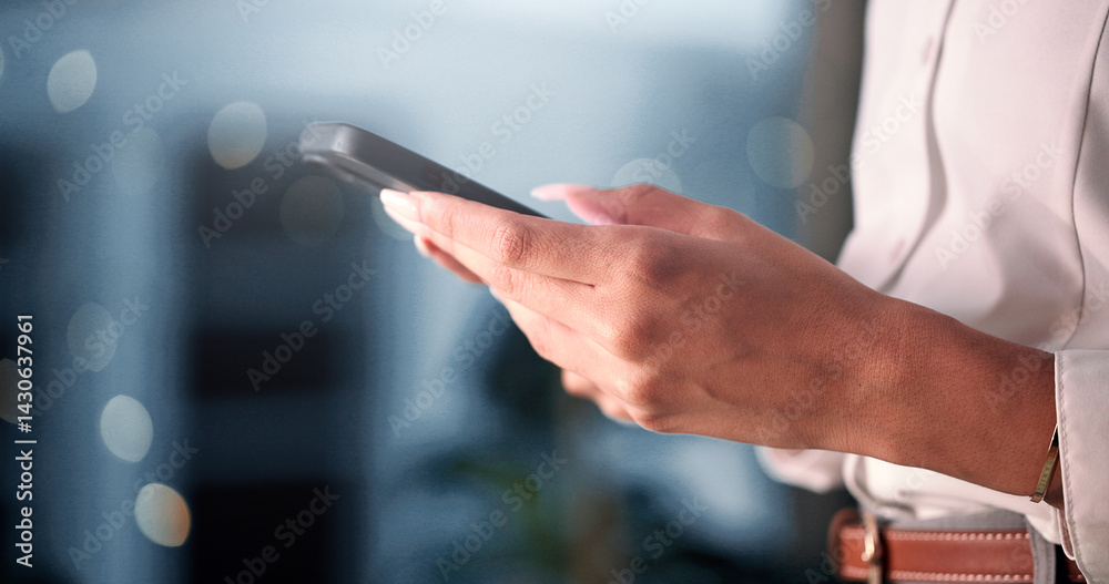 Aufkleber hands, business and woman with cellphone, night and typing with email for banking text. bokeh, perso