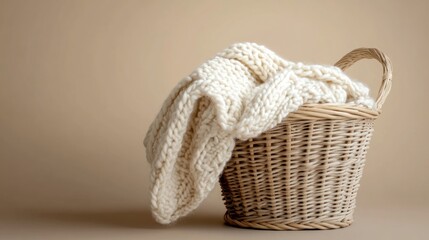 Obraz premium Knitted sweater in a wicker laundry basket