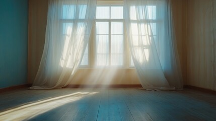 Sunlight streams through a window, illuminating a room with sheer curtains