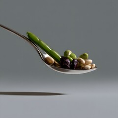Fototapeta premium Assorted Beans and Green Beans on a Spoon Healthy Food Photography Studio Shot