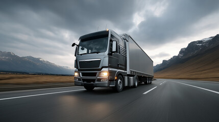 Futuristic Truck on Highway with Gleaming Trailer and Open Road
