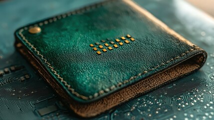 Stylish green leather wallet on a blue tech-themed background.