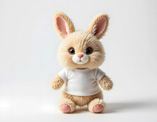 Naklejka premium Sweet stuffed bunny with big eyes wearing a plain white tee, isolated.