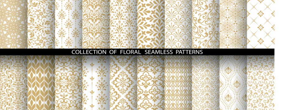 Geometric floral set of seamless patterns. White and golden vector backgrounds. Damask graphic ornaments