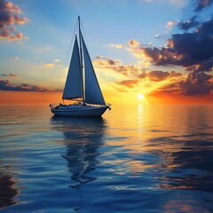 Elegant yacht sailing on smooth water with a vibrant sunset backdrop