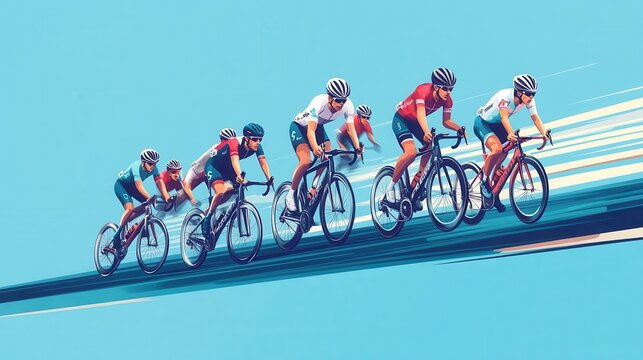 Cycling tournament. Cyclists chase the leader of the race. The head of the peloton. The cyclist is trying to break away from pursuers. Vector flat design banner panoramic illustration isolated