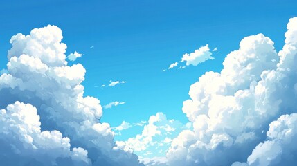 A vibrant sky filled with fluffy white clouds against a bright blue backdrop