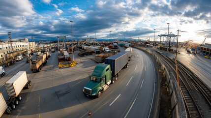 Freight operations at a busy port with trucks and cranes in motion