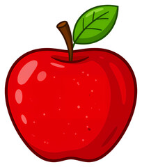 Cartoon Red Apple with Leaf, Stem. Transparent Background. Fresh Fruit.