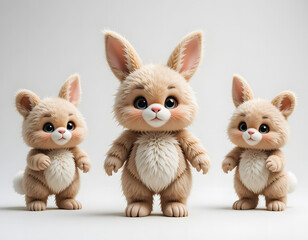 A charming illustration of a group of cute cartoon rabbits with big eyes and rosy cheeks.