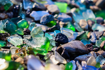 Beautiful sea glass. Lilac glass. Walks along the sea.