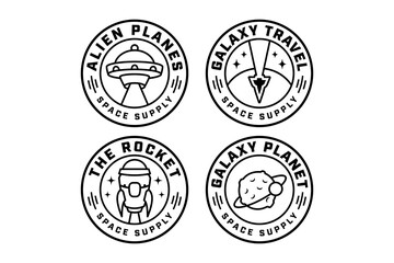 alien plane, ufo, rocket space, spaceship launcher, galaxy, planet with orbit outline modern illustration badge logo design set for astronautic, science, galaxy, space, adventure, kids merchandise