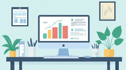 Modern desktop setup featuring a monitor with colorful graphs and greenery.