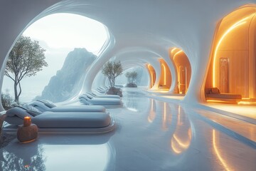 Futuristic spa, mountain view, relaxation