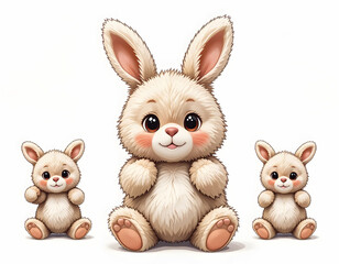 Obraz premium A large cartoon rabbit with two smaller bunnies sitting on a white background.
