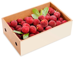 Red Yangmei or Arbutus berries fruit in paper box packaging isolated on white, Red Bayberry,...
