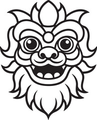 traditional lion dance mask line art, black outline, vector and illustration, coloring book page line art drawing