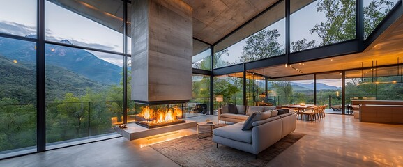 Fototapeta premium Mountain view living room with large fireplace
