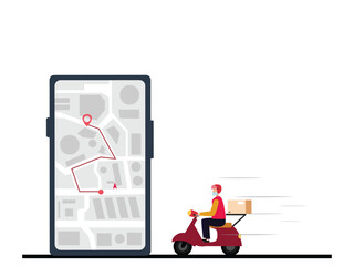 Delivery man service Courier riding a scooter with location tracking app on big smartphone vector  illustration