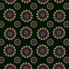 Geometric shapes in the form of circles with rays on a dark green background.