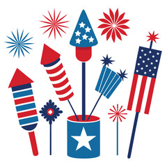 American fireworks  set isolated shilhotee vector on white background