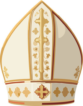 Realistic Pope Mitre Illustration with Gold Embroidery and Cross &ndash; Catholic Clergy Hat Vector