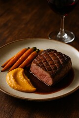  Seared duck breast with glazed carrots, vegetable pur&eacute;e and red wine