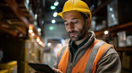 Male worker using tablet in busy warehouse environment