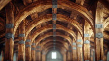 Fototapeta premium Wooden Archway Interior, Medieval Hall, Structure Detail