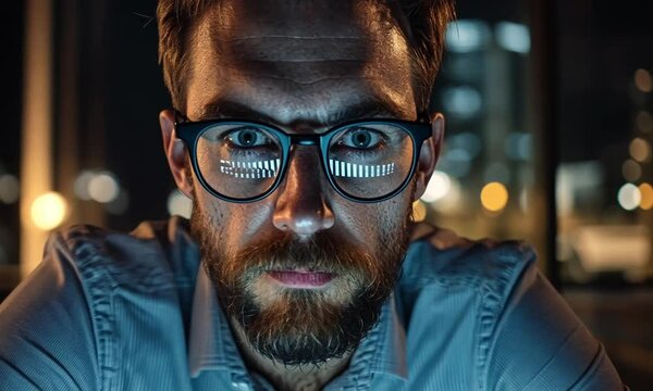 Software developer working late night with screen reflecting in glasses made with Generative AI technology