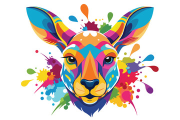 Colorful artistic kangaroo face   colorful paint splatters on white background.