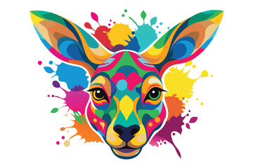 Colorful artistic kangaroo face   colorful paint splatters on white background.